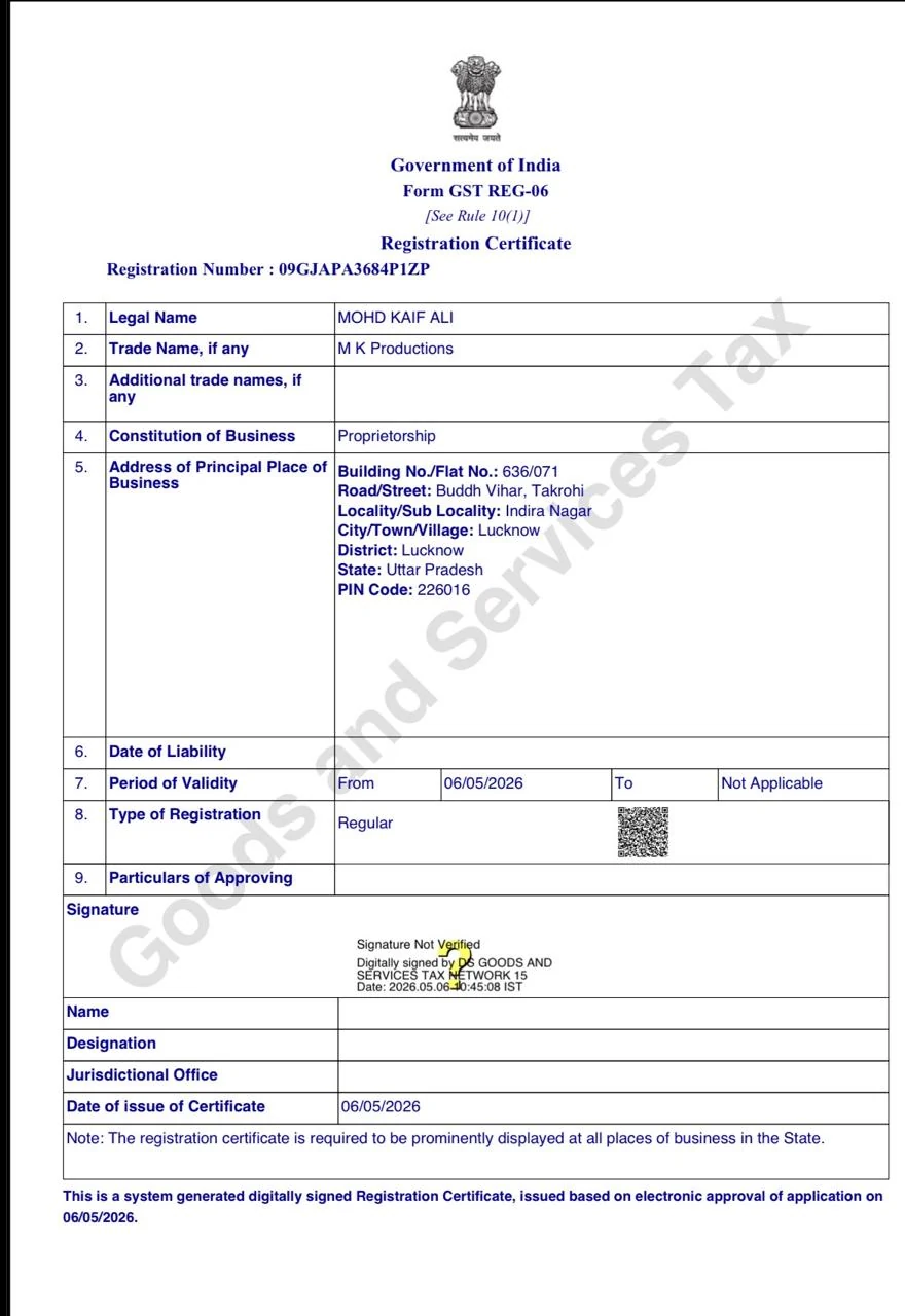 M K Productions GST Registration Certificate
